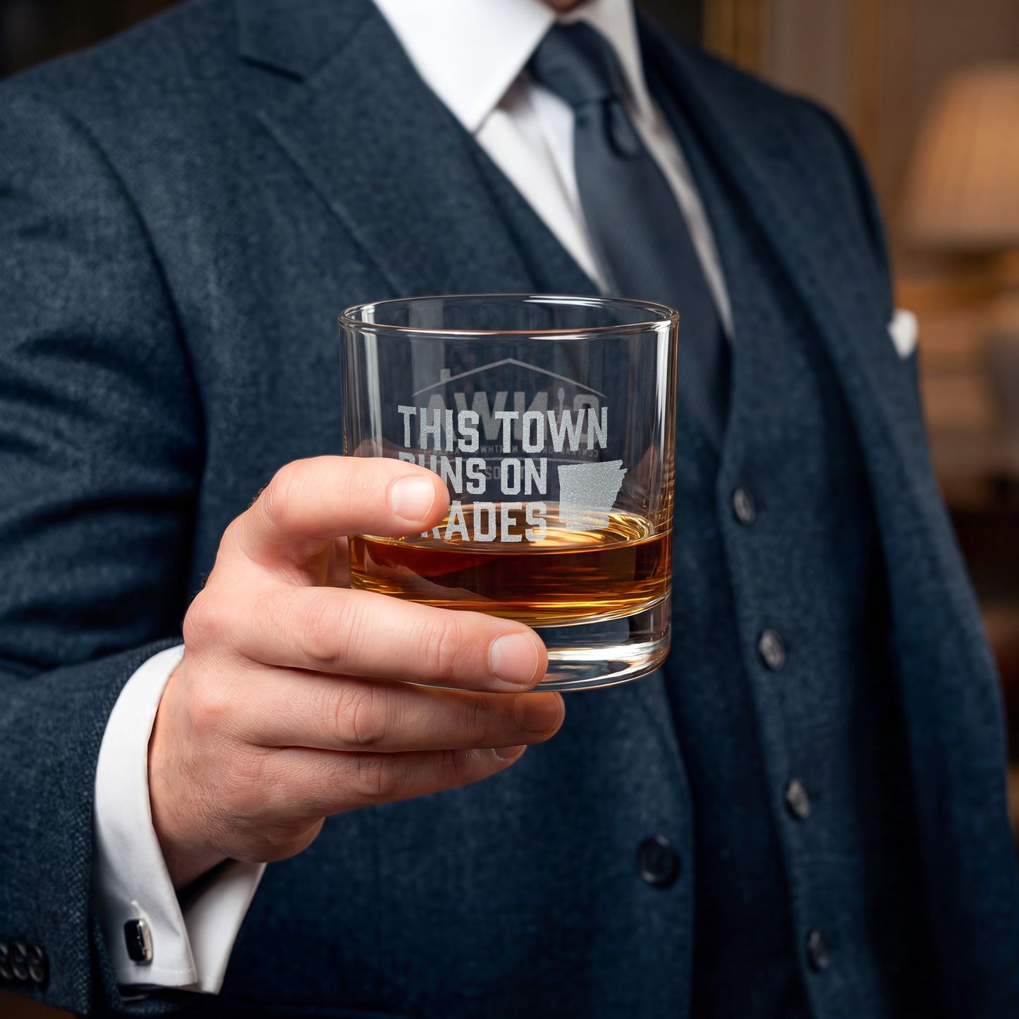THIS TOWN RUNS ON TRADES Whiskey Glass | CONTRACTORS IN NORTHWEST ARKANSAS, 10.5oz (Engraving)