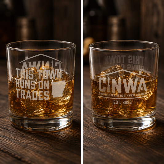 THIS TOWN RUNS ON TRADES Whiskey Glass | CONTRACTORS IN NORTHWEST ARKANSAS, 10.5oz (Engraving)